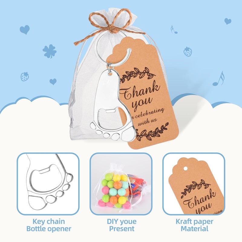 KaGrbves 50 Pieces Footprint Bottle Opener Baby Shower Favors for Guest with Keychain and Organza Bags Tags (silver) - Image 4